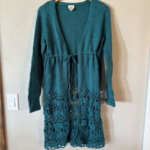 Teal Wool Blend Knit Long Cardigan with Crochet Hem